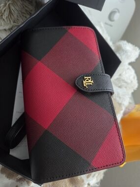 Ralph Lauren Black & Red Buffalo Plaid Zip Wallet with Gold RL Accent